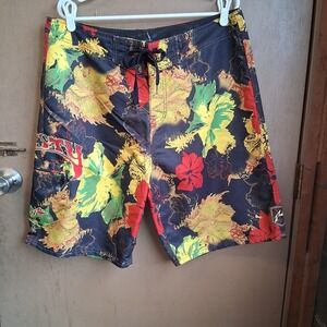 Rusty Boardshorts Hawaiian Floral Sz 36 with Bottle opener EUC